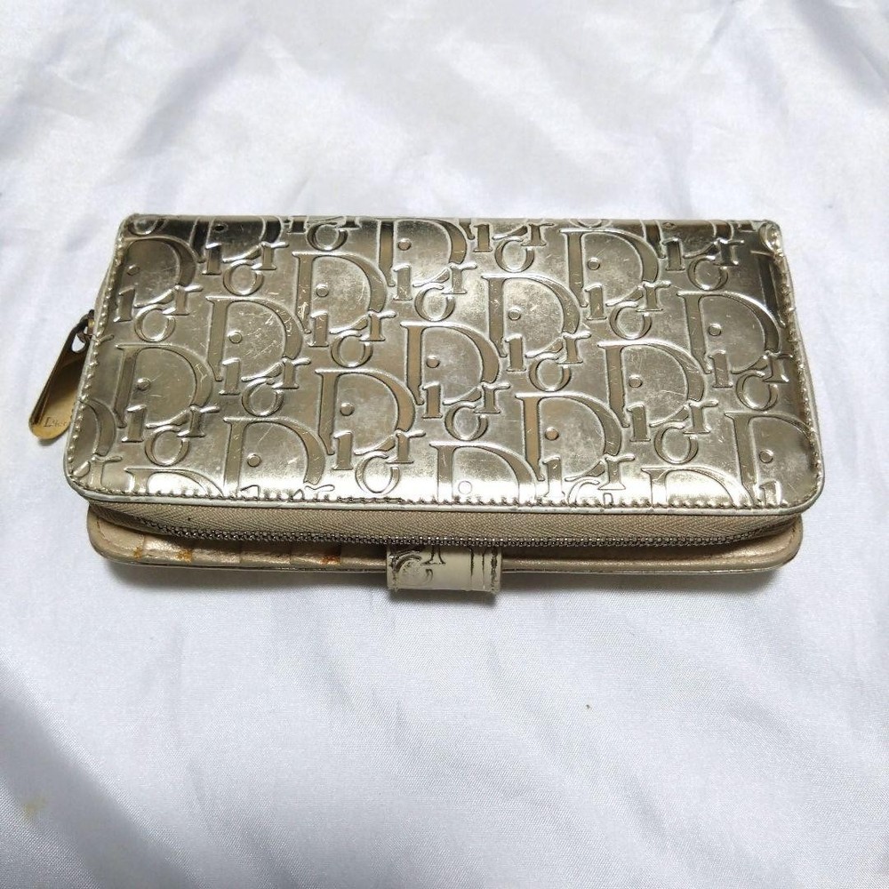 Christian Dior Gold Round Zipper Wallet with All-Over Pattern Pre-Owned