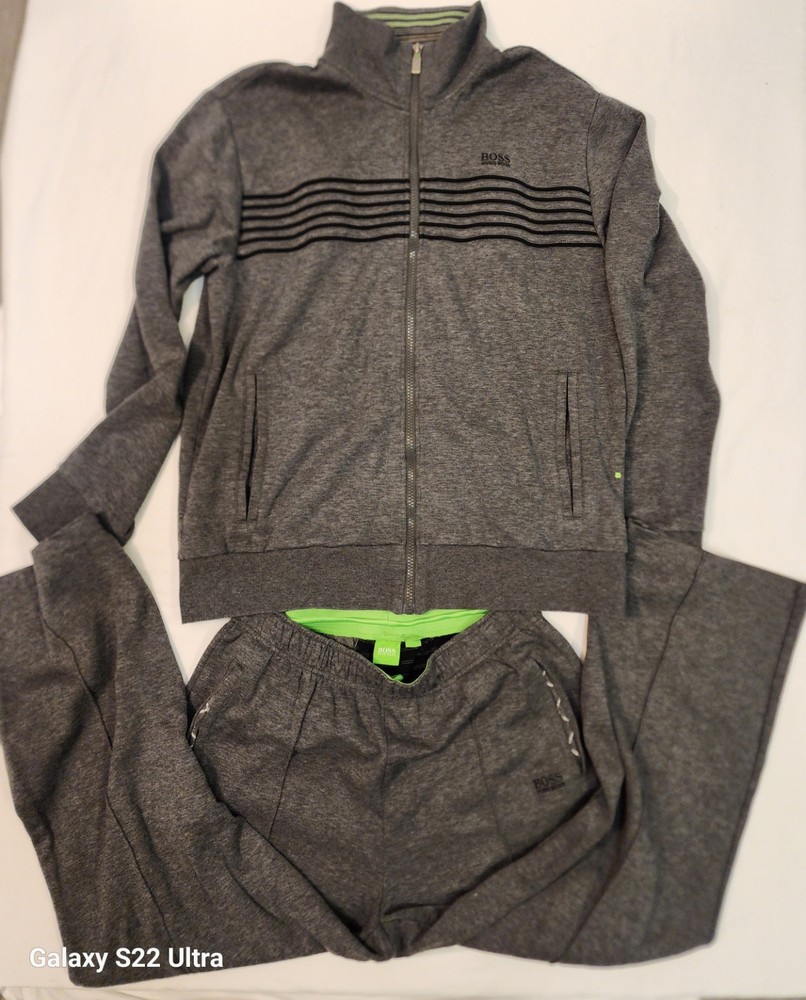 Hugo Boss Men L Gray 2 Pc Tracksuit Pant Zip Jacket Jogger Sweat Suit Hoodie