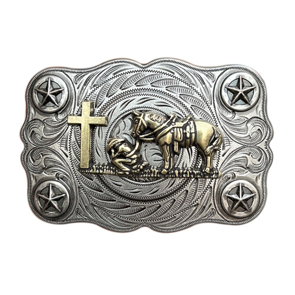 Western Belt Buckle for Men & Women Cowboy Vintage Style Wear Cross & Prayer