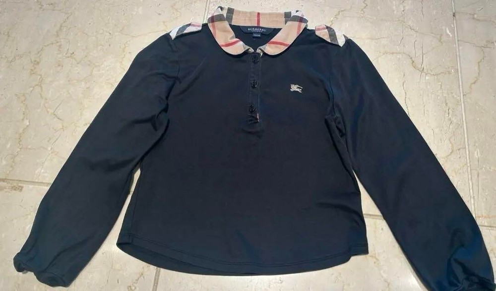 BURBERRY Long sleeve T-shirt Black Nova check Logo Girls Kids Size 120A Used