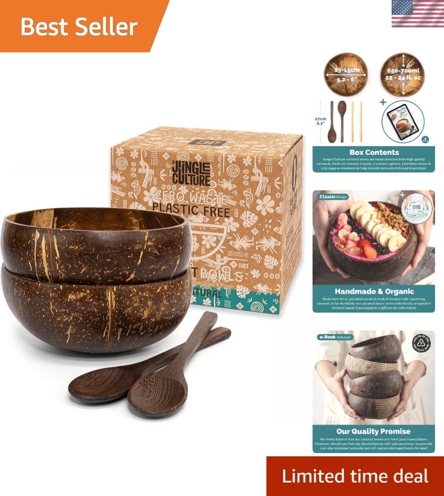Polished Coconut Bowl Set with Wooden Spoons and Bamboo Straws – Eco-Friendly Kitchen Gift  