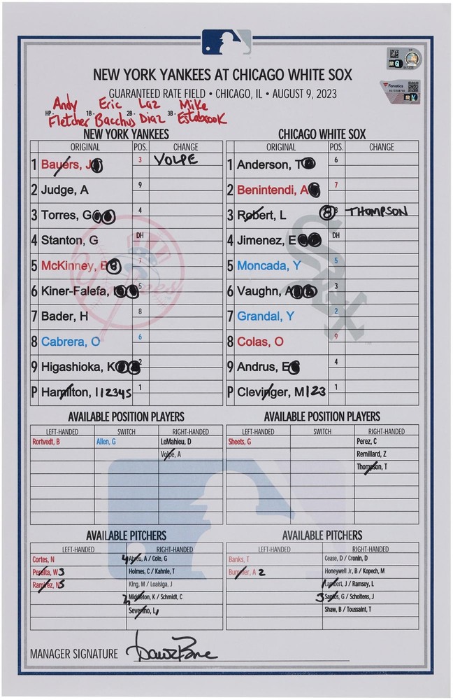 New York Yankees Game-Used Lineup Card vs. Chicago White Sox on August 9, 2023