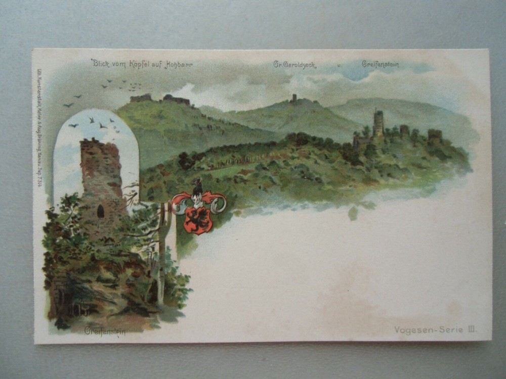 Postcard view from the head of Hohbarr around 1920? Coat of Arms Alsace Vosges Series