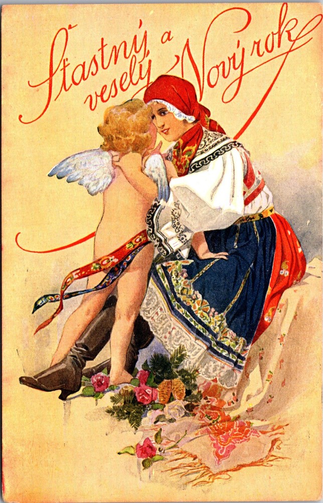 Vintage Czech New Year Postcard K. Simunka Lady Czech Dress Holds Winged Cherub
