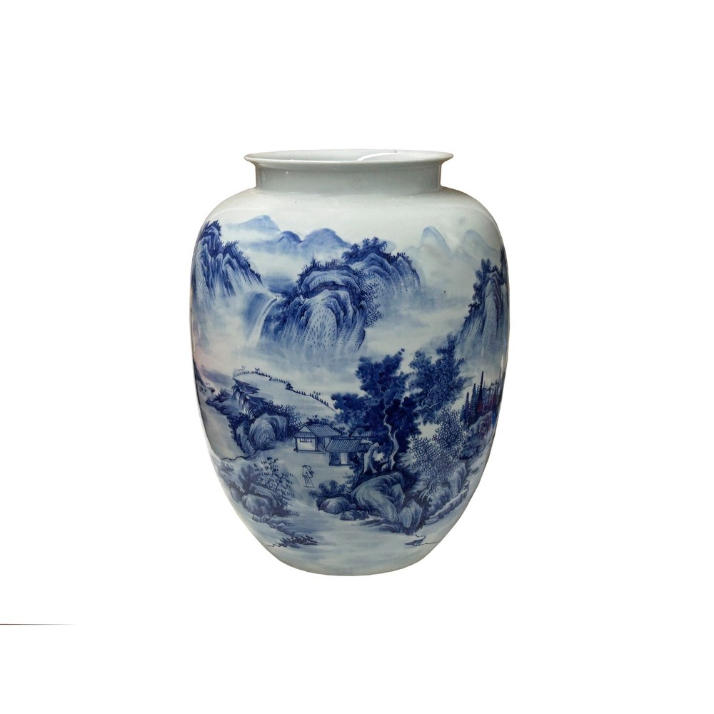 Chinese Blue White Handpaint Mountain Tree Scenery Porcelain Vase ws4762