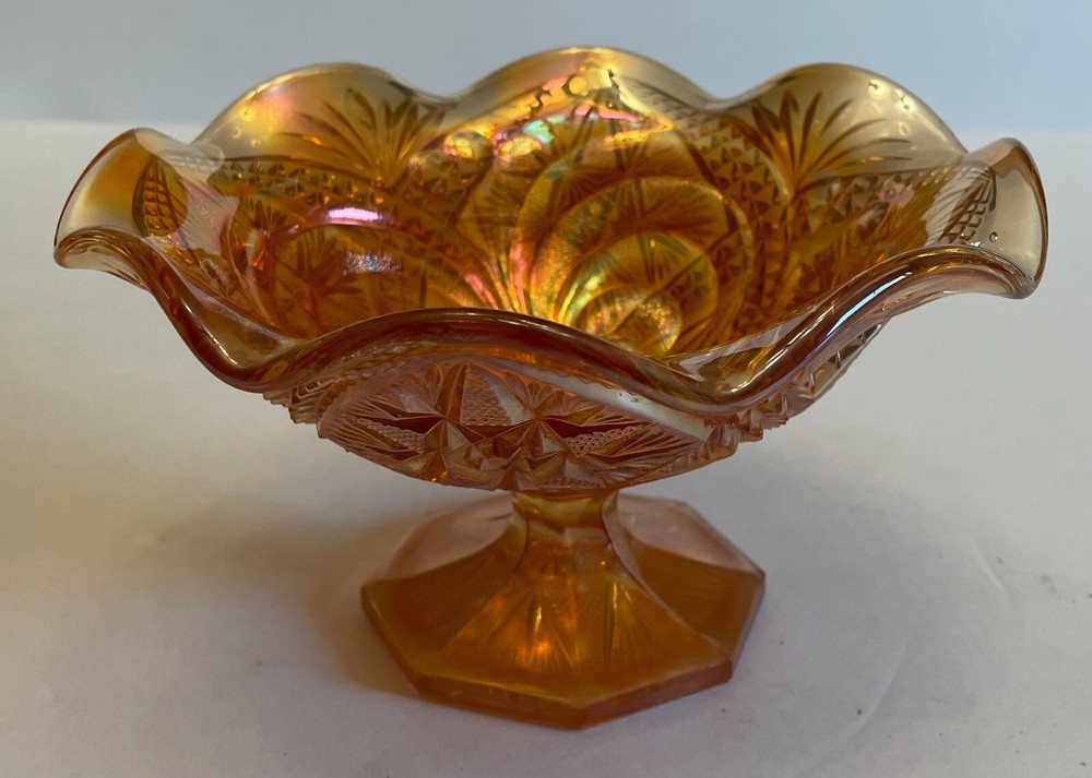 Vintage Imperial Carnival Glass Marigold Compote with Eastern Star Design