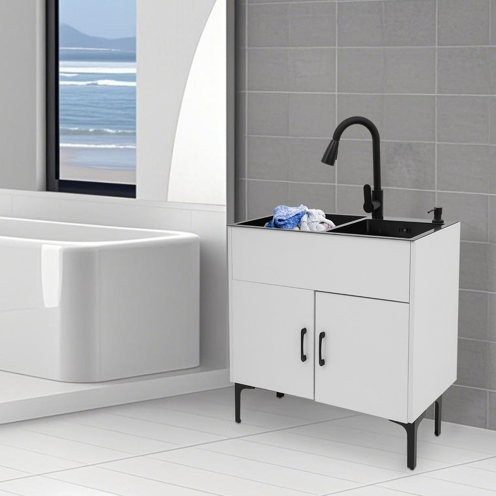 Pull-Out Sprayer Faucet Utility Sink & Stainless Steel Laundry Sink with Cabinet