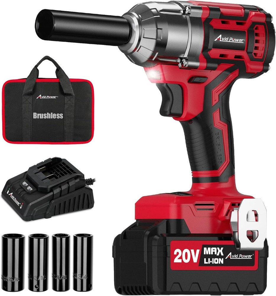 AVID POWER 1/2 Impact Wrench Brushless, 20V Cordless Gun w/ Red, Black
