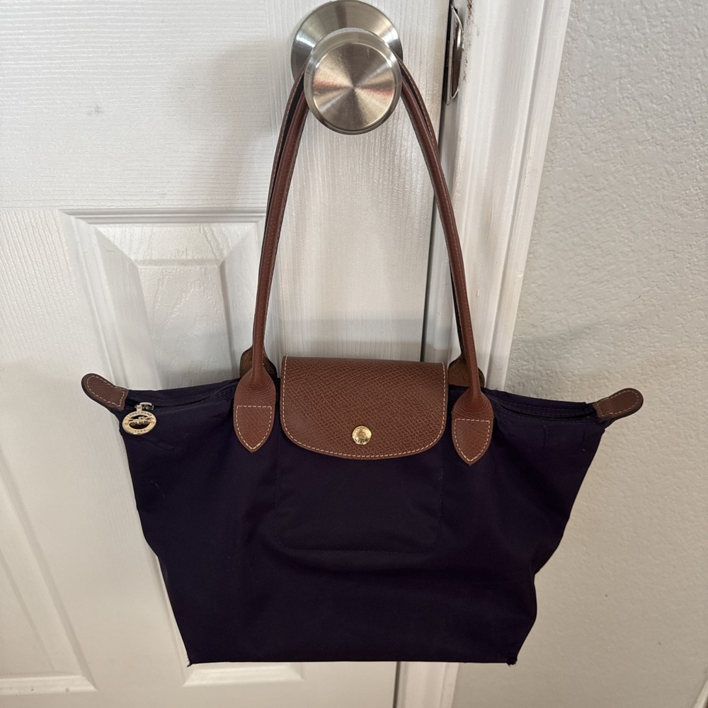 Longchamp Le Pliage Medium Original Shopping Tote Bag Purple Nylon Leather 15”