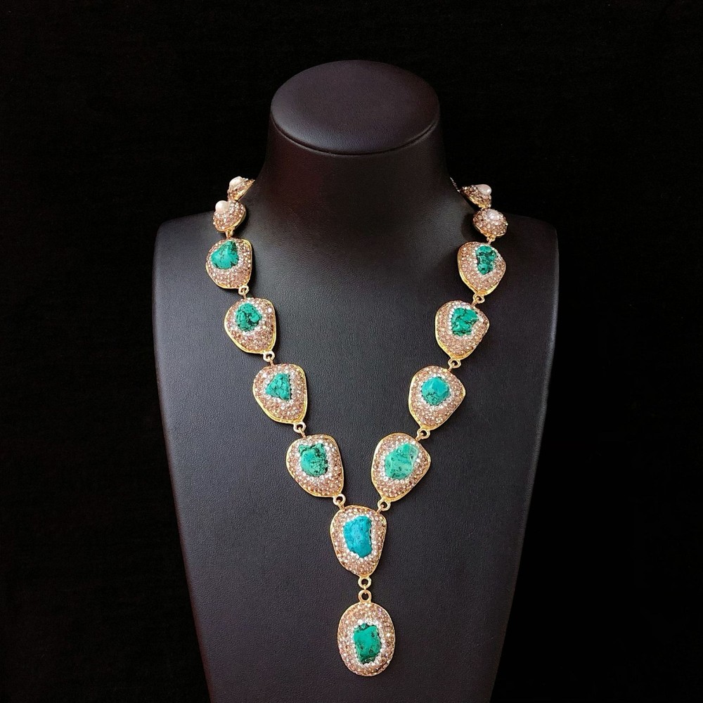 Luxury Women Big Turquoise Natural Pearl Crystal Choker Pendant Necklace Jewelry