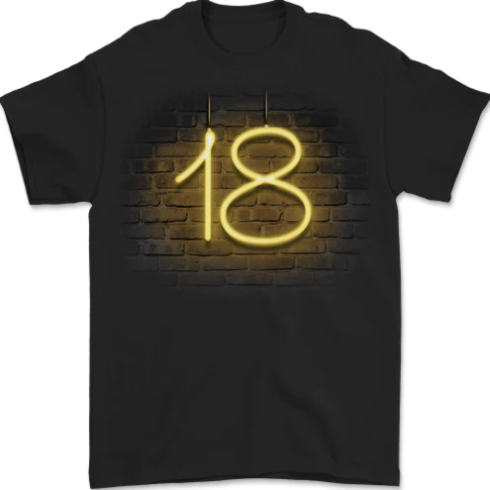 18th Birthday Neon Lights T-Shirt for Men - 100% Cotton Cool Gift