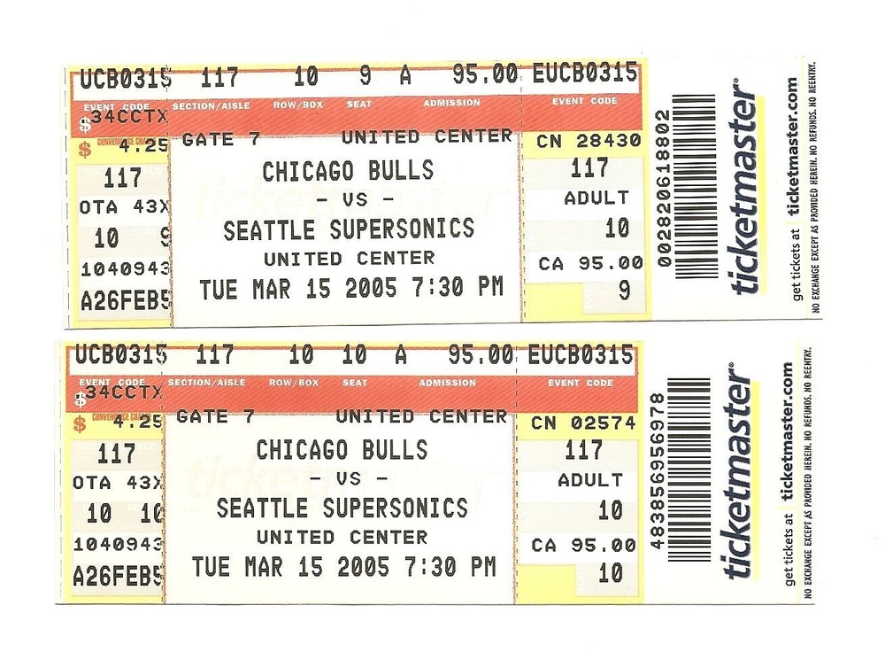 Chicago Bulls vs Seattle Supersonics Unused Basketball Tickets March 15, 2005