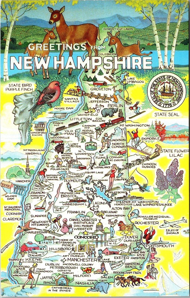 NH-New Hampshire, Map Landmark Greetings, Vintage Postcard
