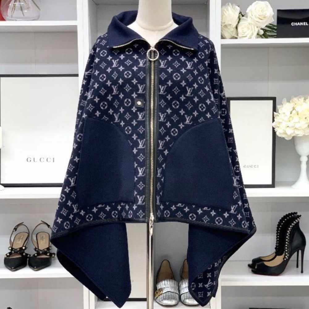 Louis Vuitton Wool Monogram Reversible Cape Navy