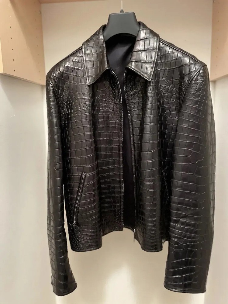 Luxury Black Croco Leather Jacket for Men with Alligator Print Biker Style Zip-Up