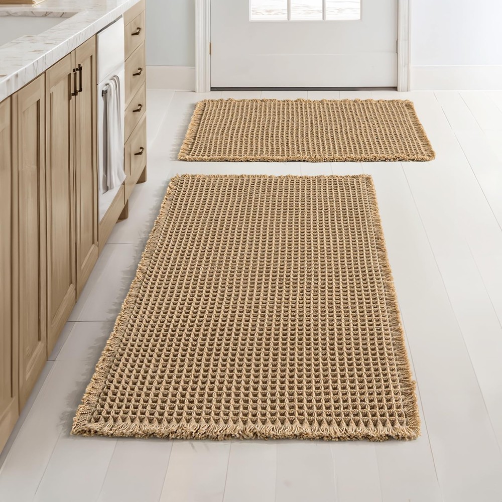 Boho Waffle Bathroom Rug Set of 2 Non Slip Washable Super Absorbent