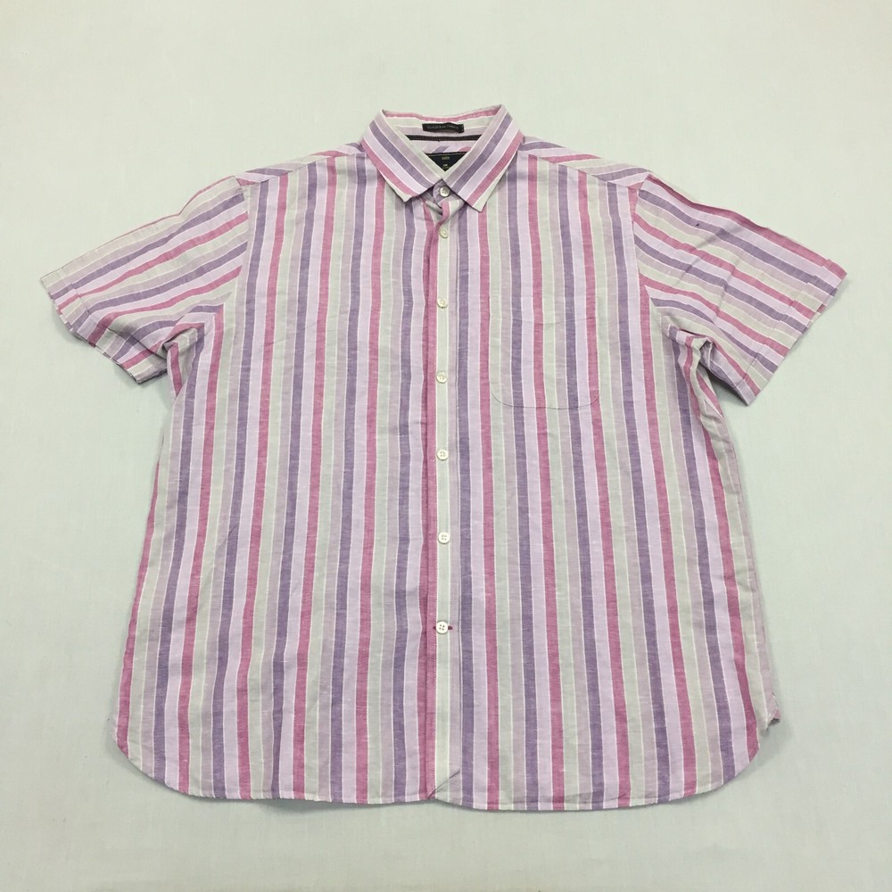 M&S Linen Mix Shirt Mens Extra Large Button Up Short Sleeve Purple Striped (XL)