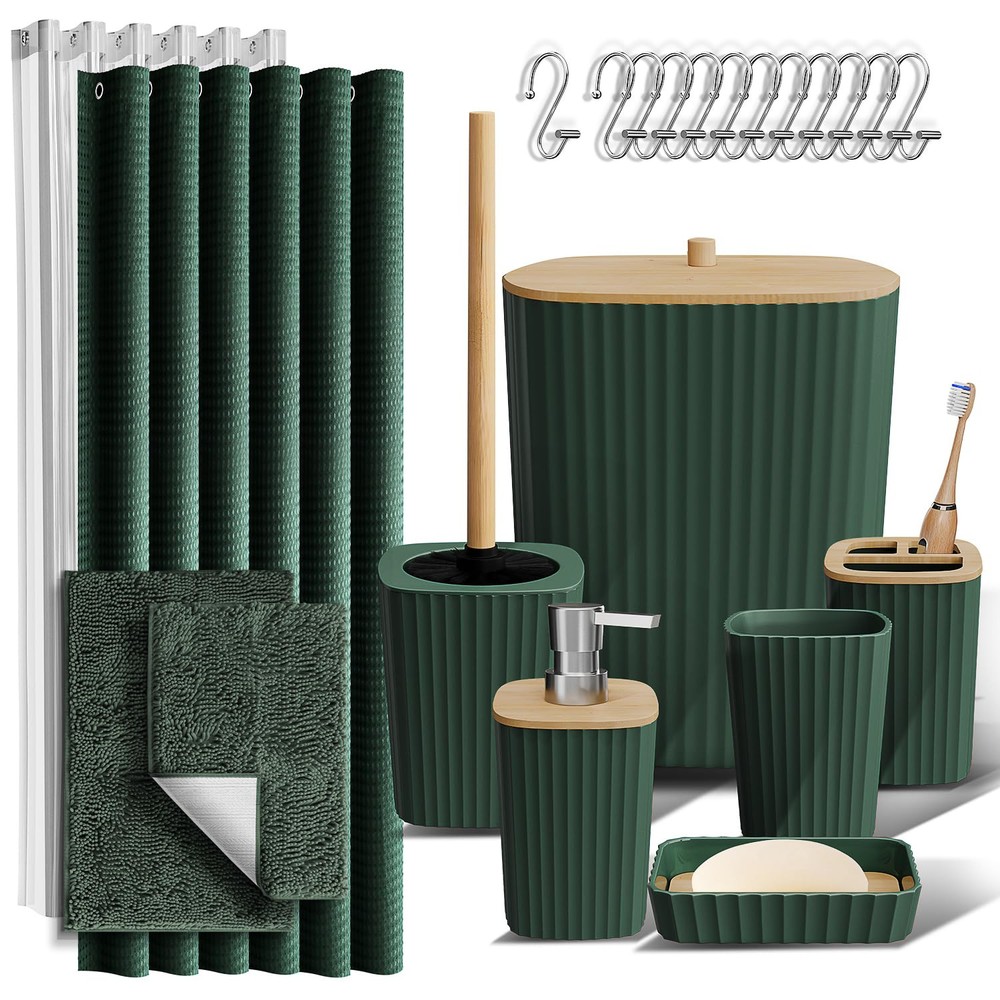 Bathroom Accessories Set - Green Bathroom Set, Bathroom Sets with Shower Curt...