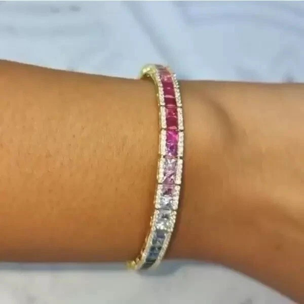16Ct Princess Lab Created Rainbow Sapphire 14K White Gold Plated Tennis Bracelet