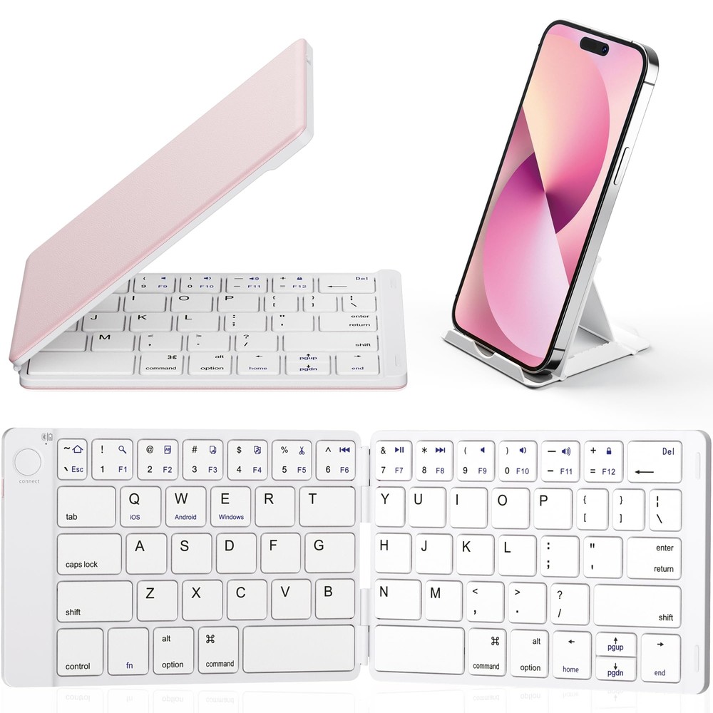 Foldable Bluetooth Keyboard with Stand Holder for iOS PC in White or Pink