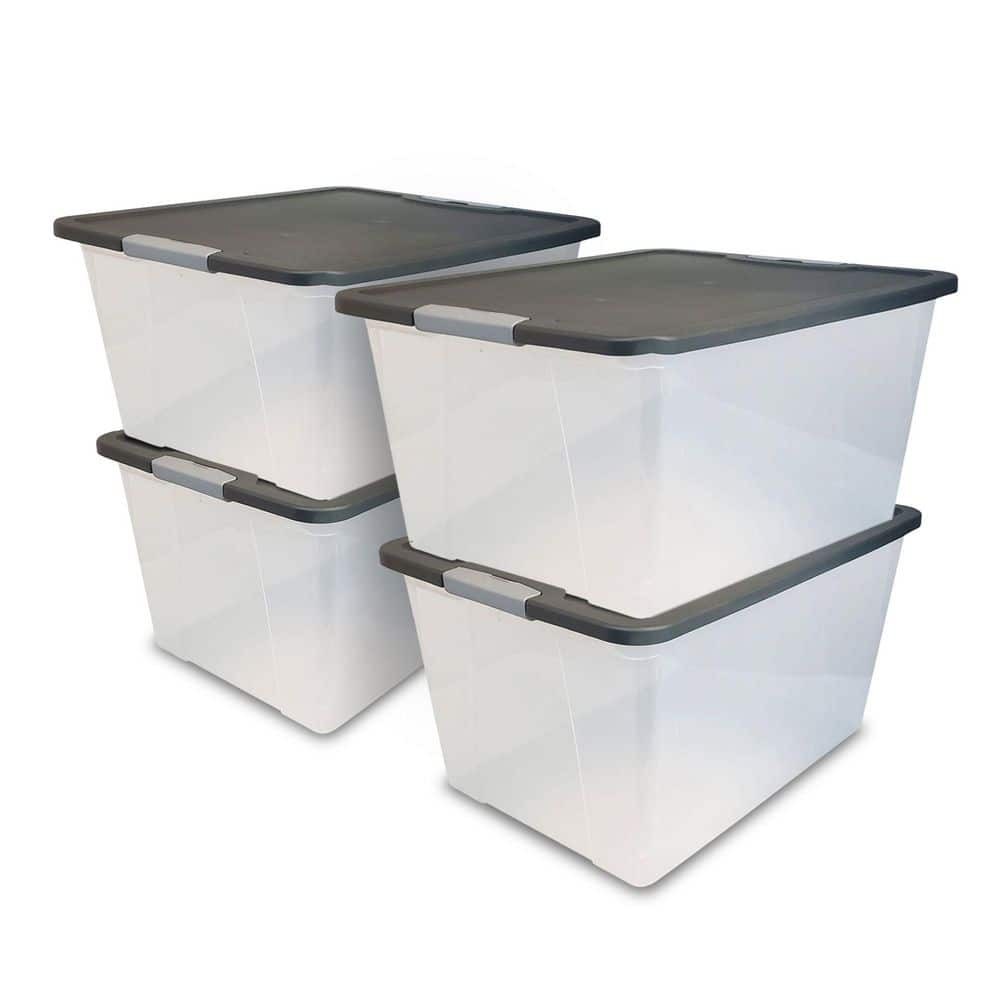 64 Qt Clear Plastic Storage Bin with Gray Lid - Secure Latching (4-Pack)