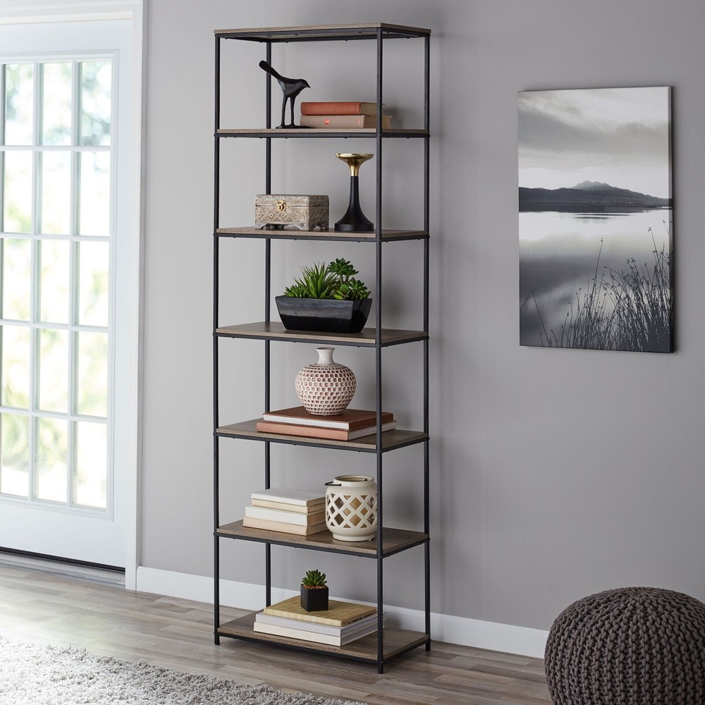 6 Shelf Bookcase Storage Shelf Bookshelf Display Organizer Sturdy Metal Brown US