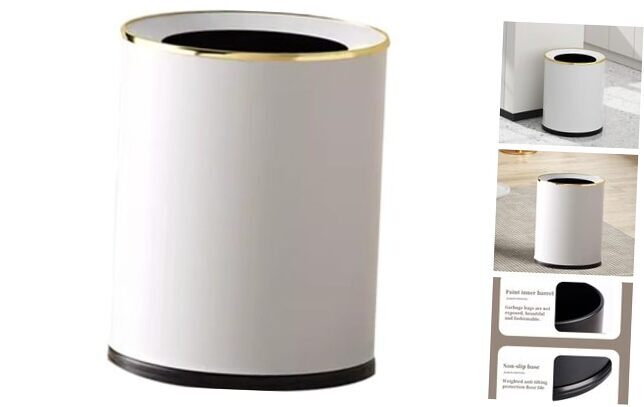 3.1 GAL Metal Trash Bin, Modern Bathroom Garbage Can, White and Gold 12L-WHITE