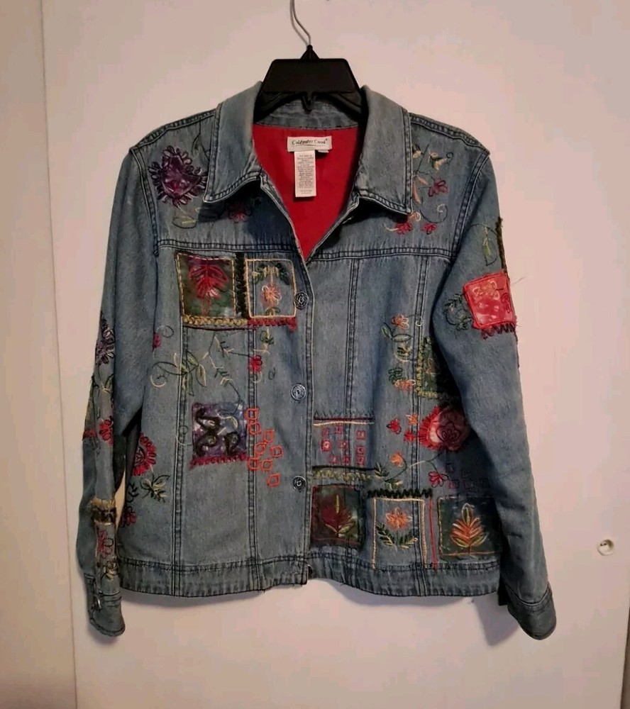 Vintage Y2K PATCHWORK EMBROIDERED DENIM JACKET Coldwater Creek sz Petite Med