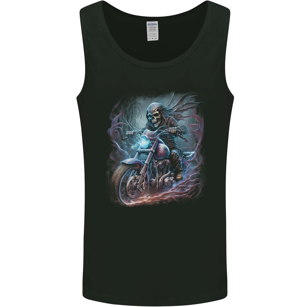 A Biker Skeleton on a Motorcycle Skull Mens Vest Tank Top
