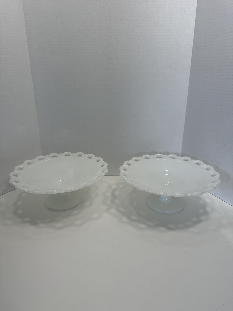 Vintage Milk Glass Footed Bowl Set Of 2 with Lace Trim