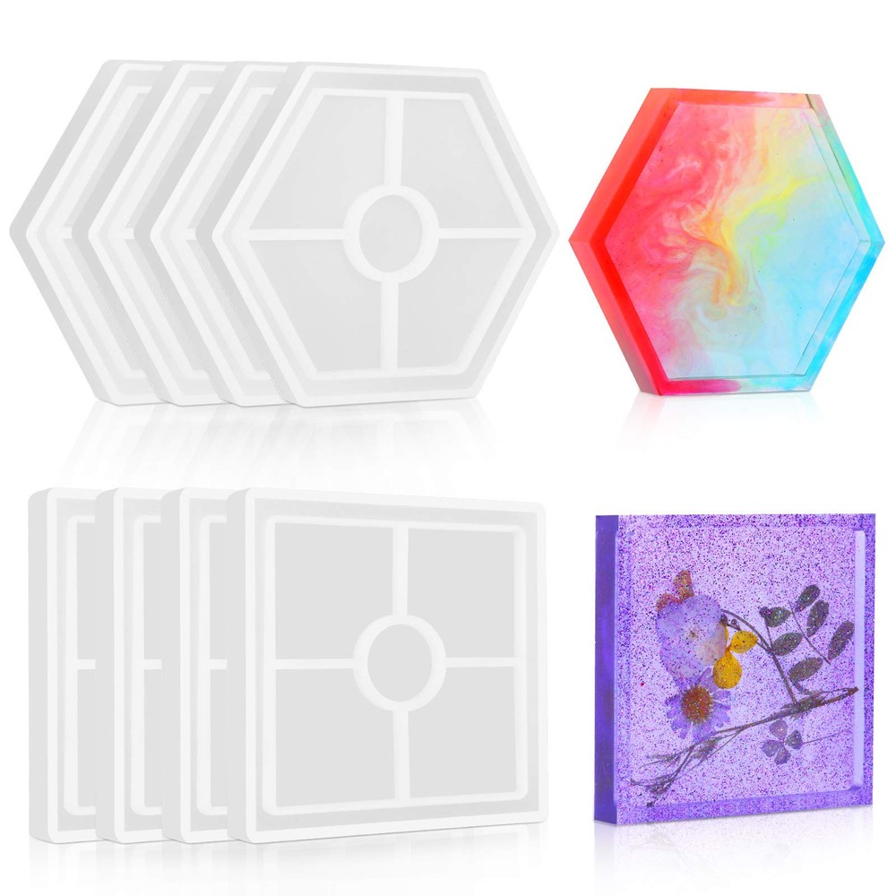 8Pcs Coaster Molds for Resin Casting, Resin Coaster Molds Including 4 Square ...