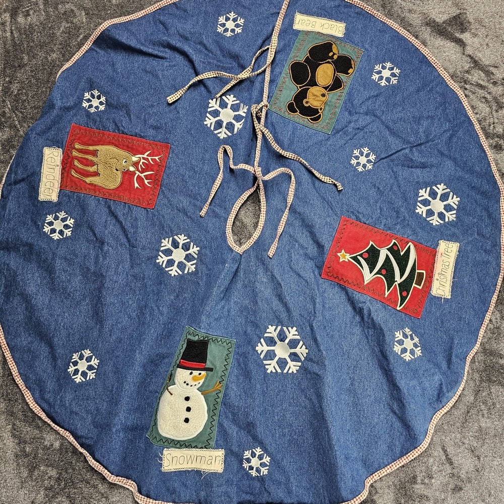 Denim Christmas Tree Skirt with Plaid Trim Featuring Snowman Deer Bear Lodge Design