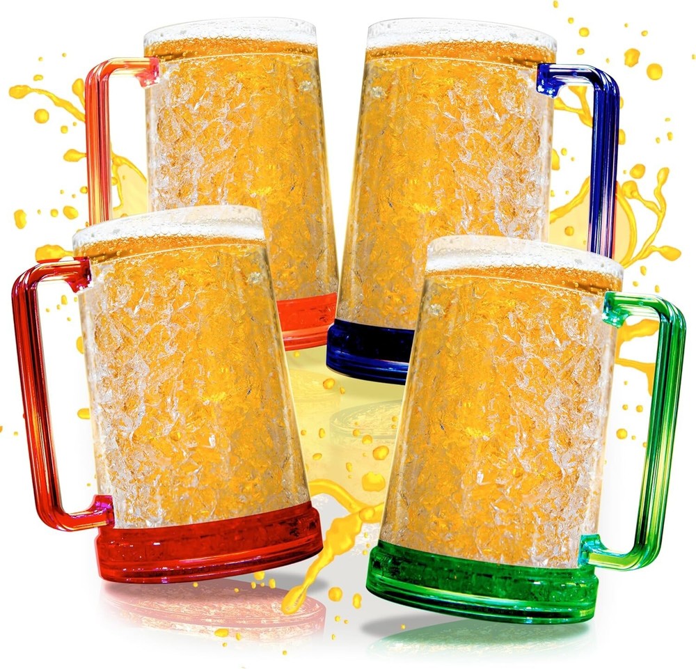 Set of 4 Beer Mugs with Gel Freezer 16 Oz, Clear Double Walled Beer Mugs