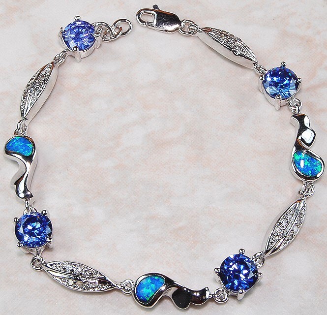 Sapphire & Australian Opal Inlay 925 Sterling Silver Tennis Bracelet Jewelry OX1