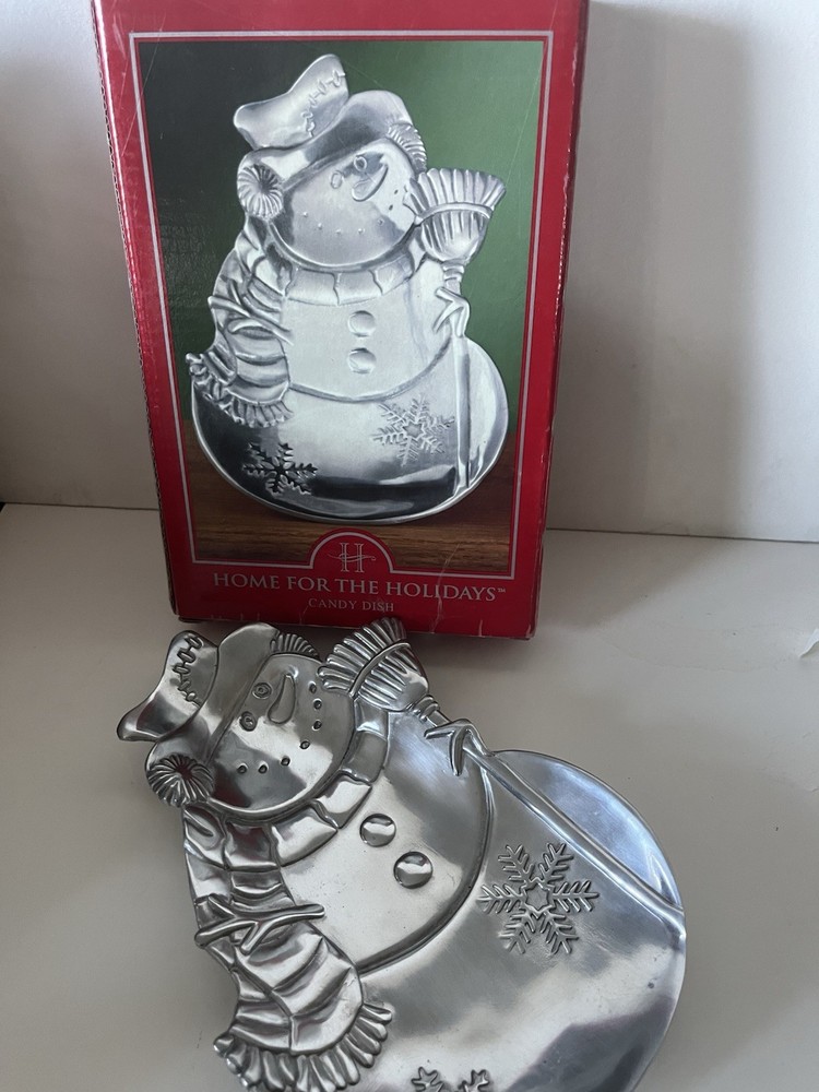 Vintage, NEW In Box, “Home For The Holidays” Pewter Snowman Candy Dish