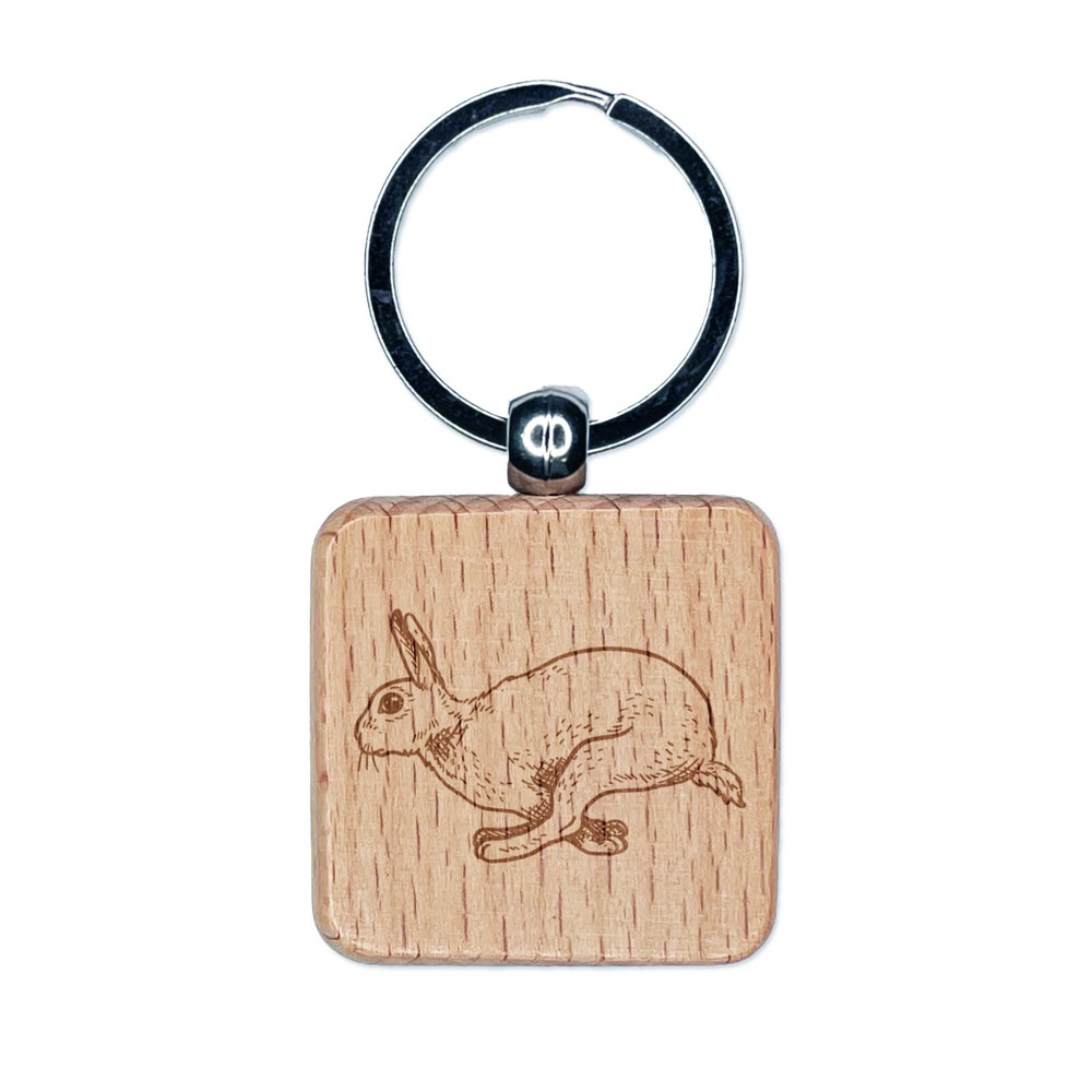 Jumping Running Rabbit Engraved Wood Square Keychain Tag Charm