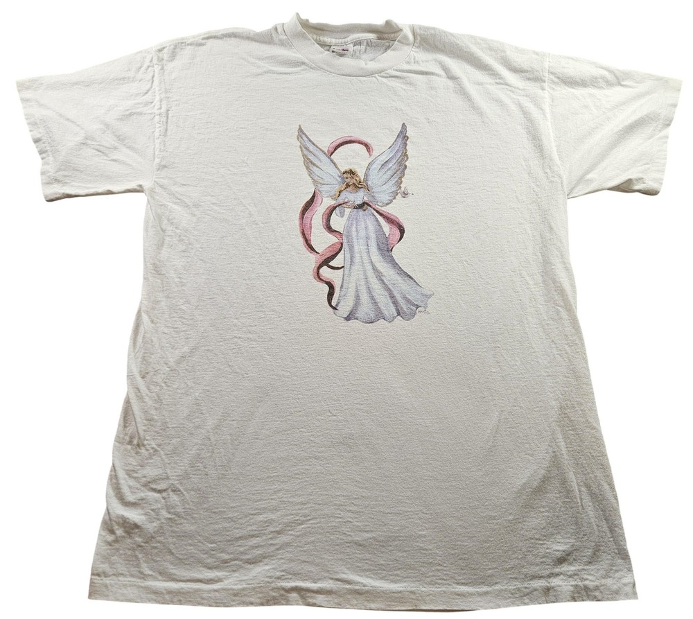 Vintage Angel Graphic Shirt Mens 2XL White AmeriTees Made USA 90s Tee Art Wings