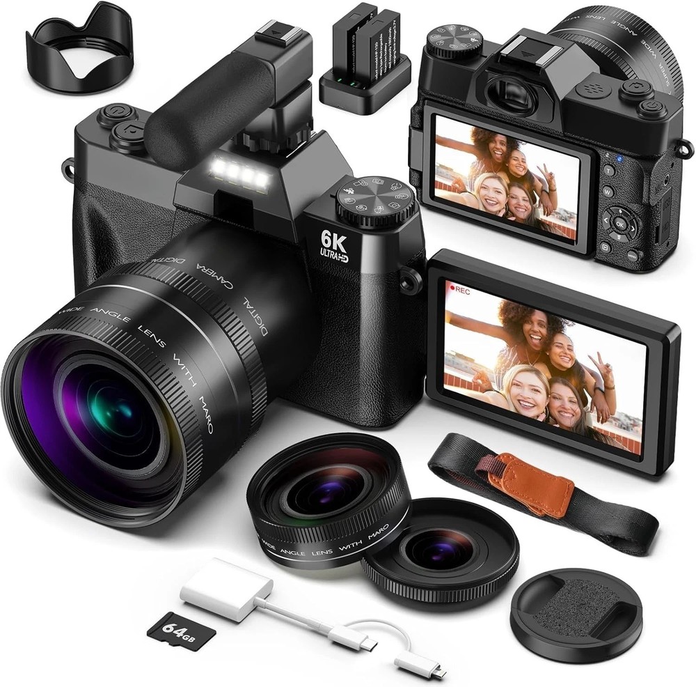 6K 64MP Digital Cameras for Photography and Vlogging with Wifi, 64GB SD Card, 16