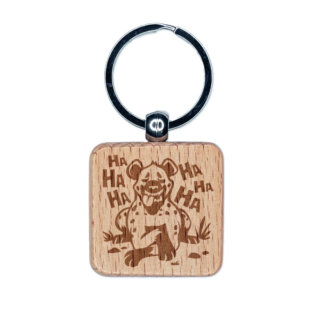 Spotted Hyena Laughing and Smiling Engraved Wood Square Keychain Tag Charm