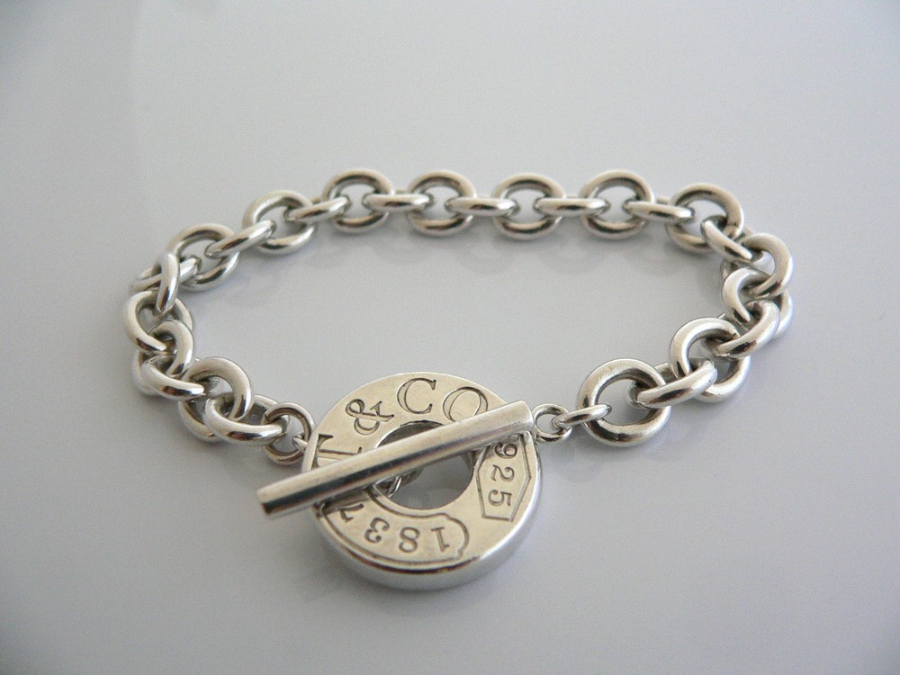 Tiffany & Co 925 Silver 1837 Circle Toggle Charm Bracelet Bangle Gift for Her