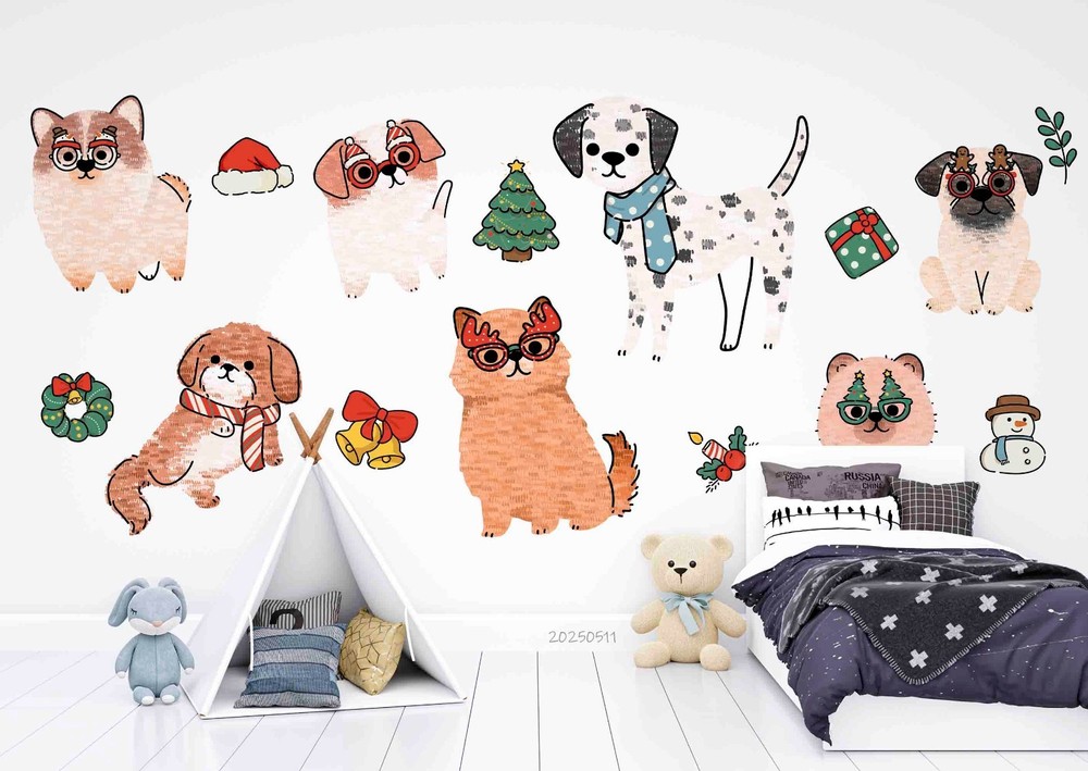 3D Christmas Dog Watercolor Wall Murals Wallpaper Murals Wall Sticker 3