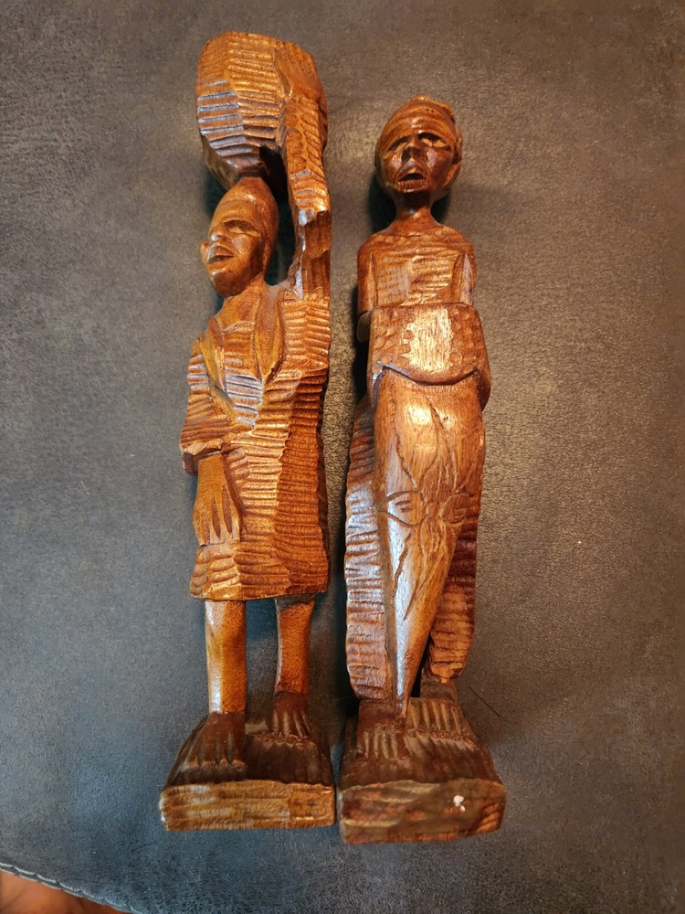 Vintage Hand Carved Wood Statue Man & Woman With Basket Figure 