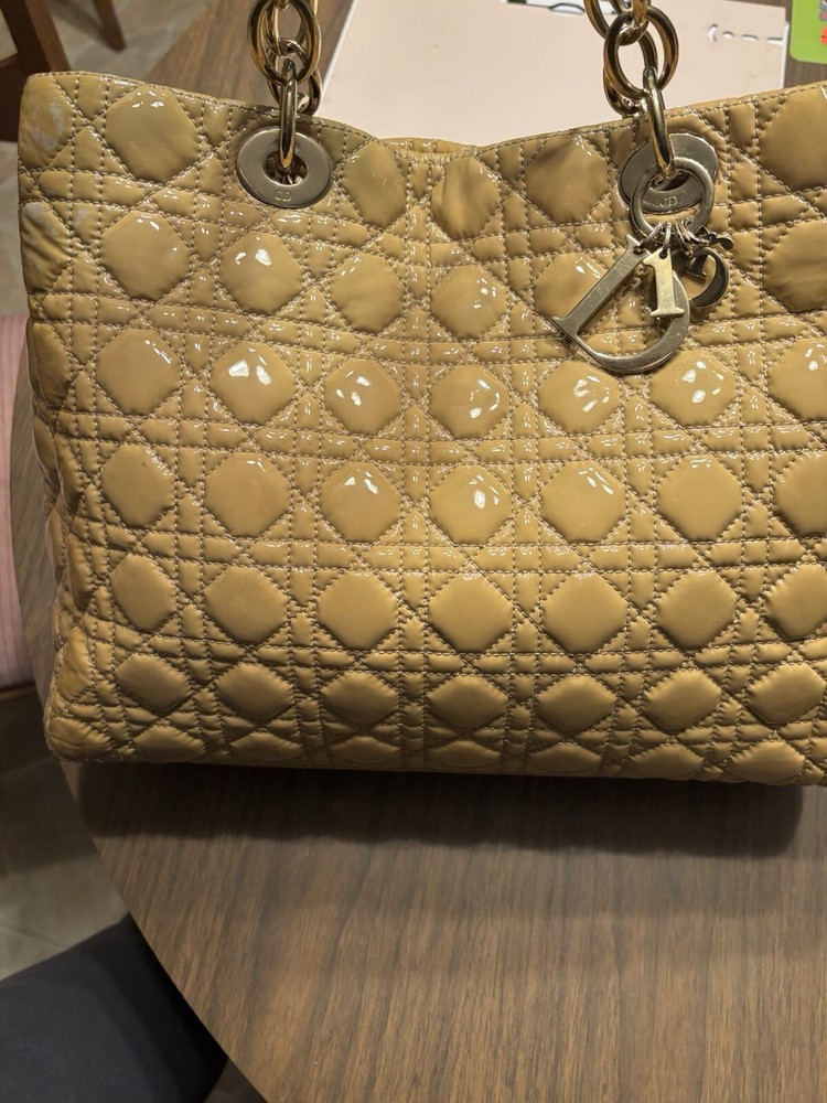 Vintage black patent leather Lady Dior handbag with gold hardware