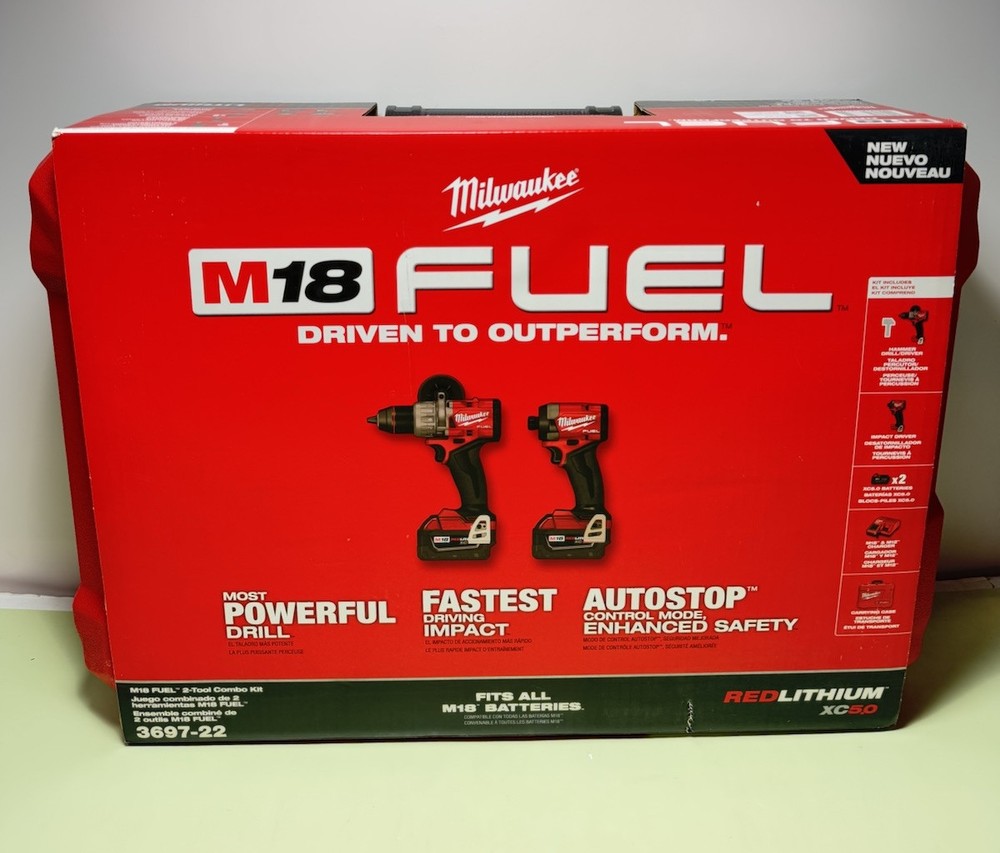New Milwaukee 3697-22 M18 FUEL Brushless Hammer Drill and Impact Driver Combo Kit