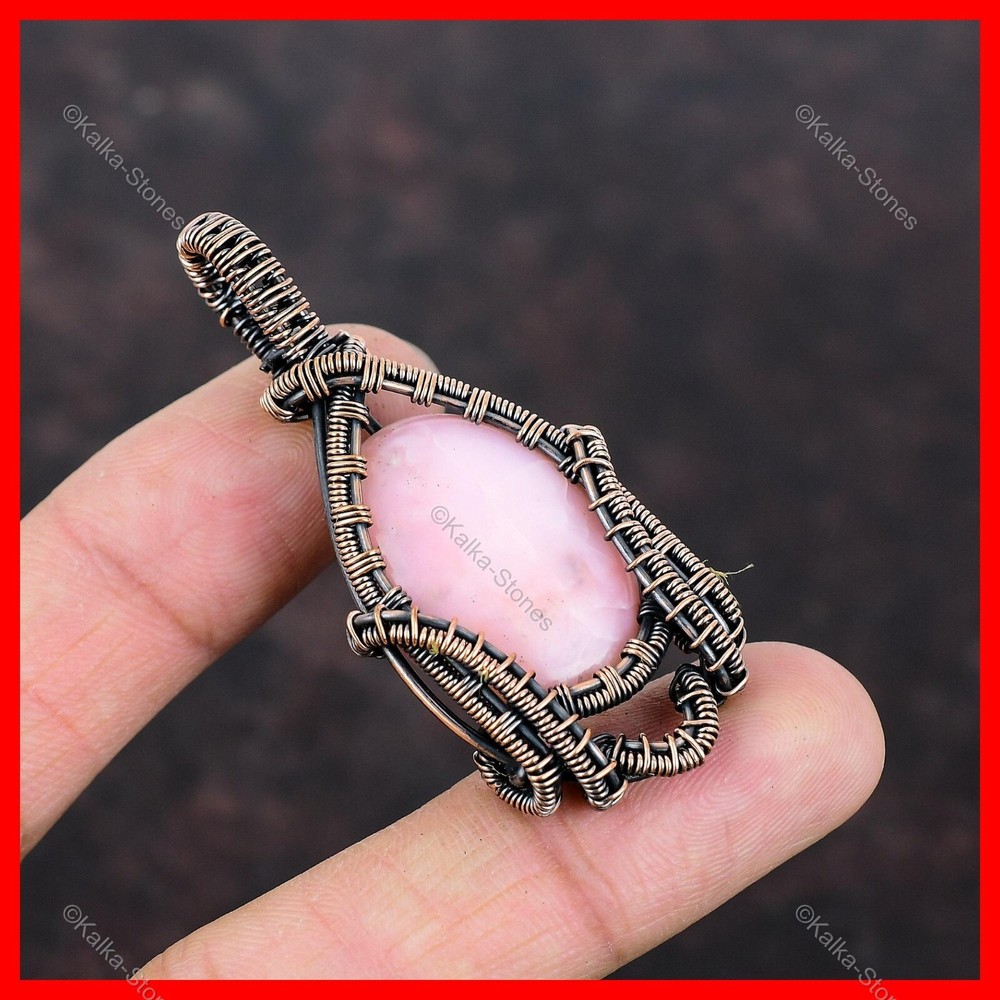 Copper Oval Pink Opal Gemstone Daughter Wire Wrapped Wedding New Pendant Jewelry