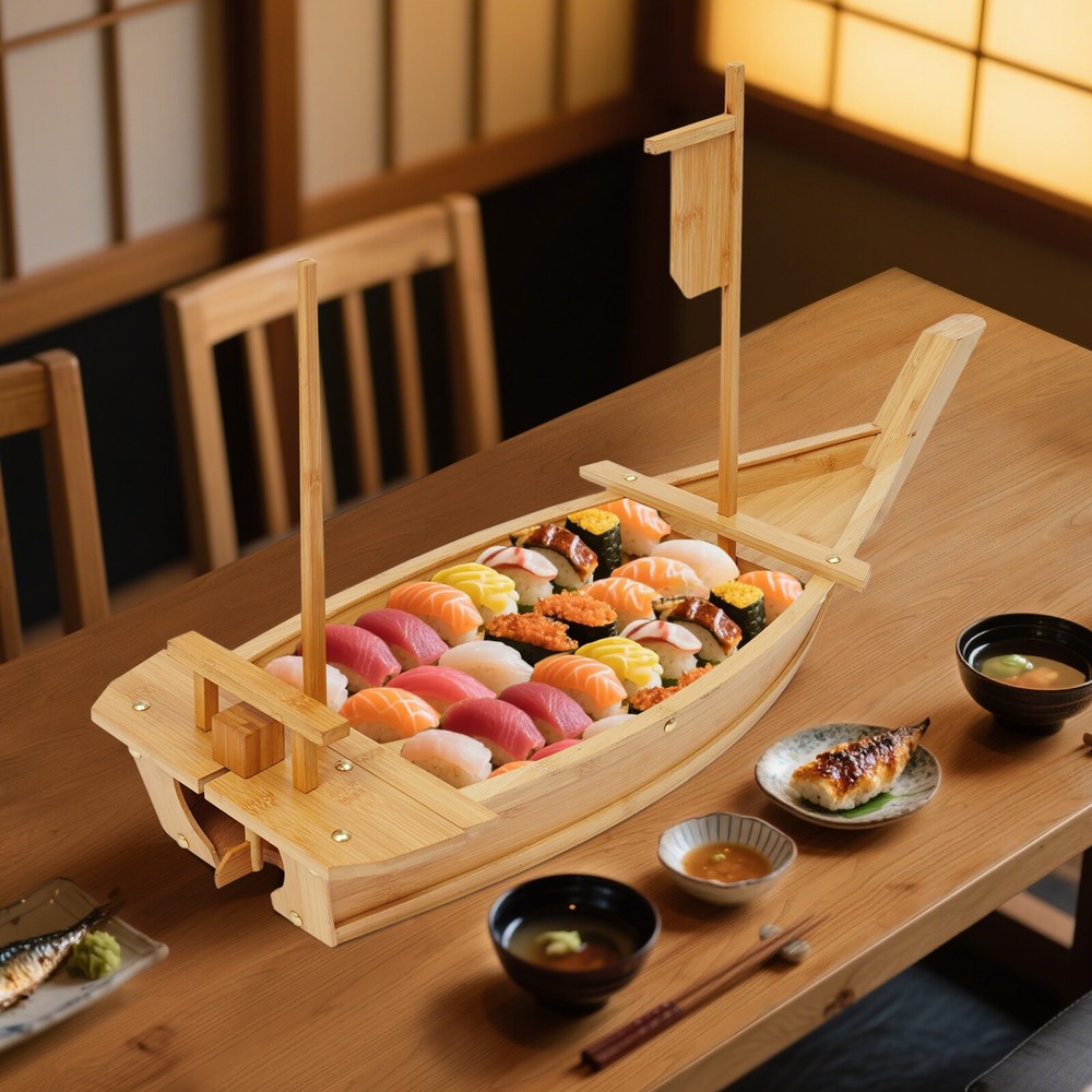31.5 Inch Bamboo Sushi Boat Serving Tray for Large Sushi Platters