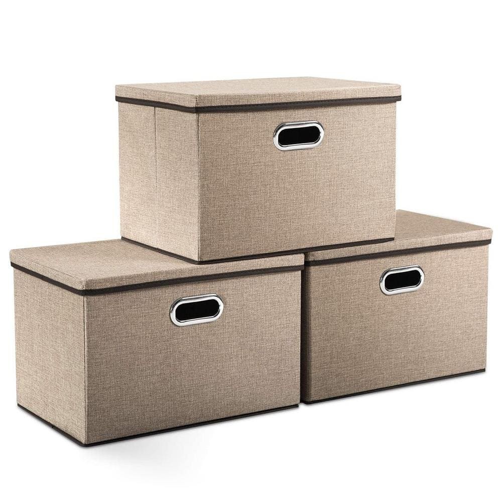 35qt Brown Collapsible Fabric Storage Bin with Lid - 3-Pack