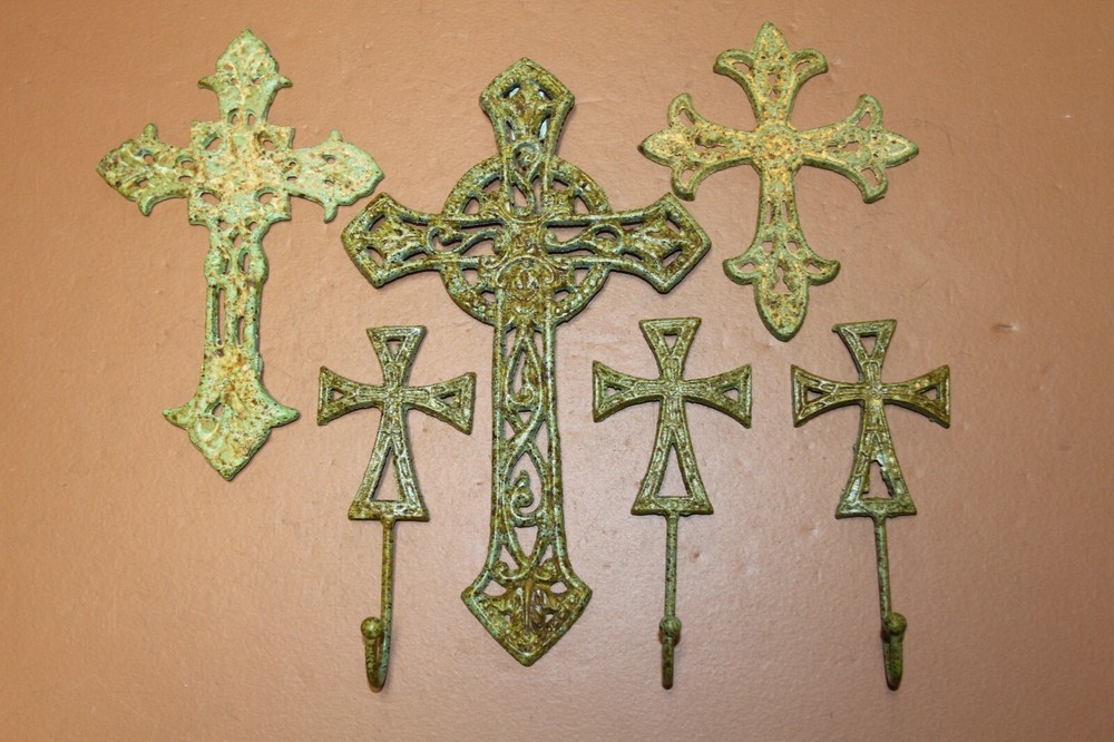 Old World Christian Wall Crosses / Coat Hooks Entryway Decor Set - Lewis 6