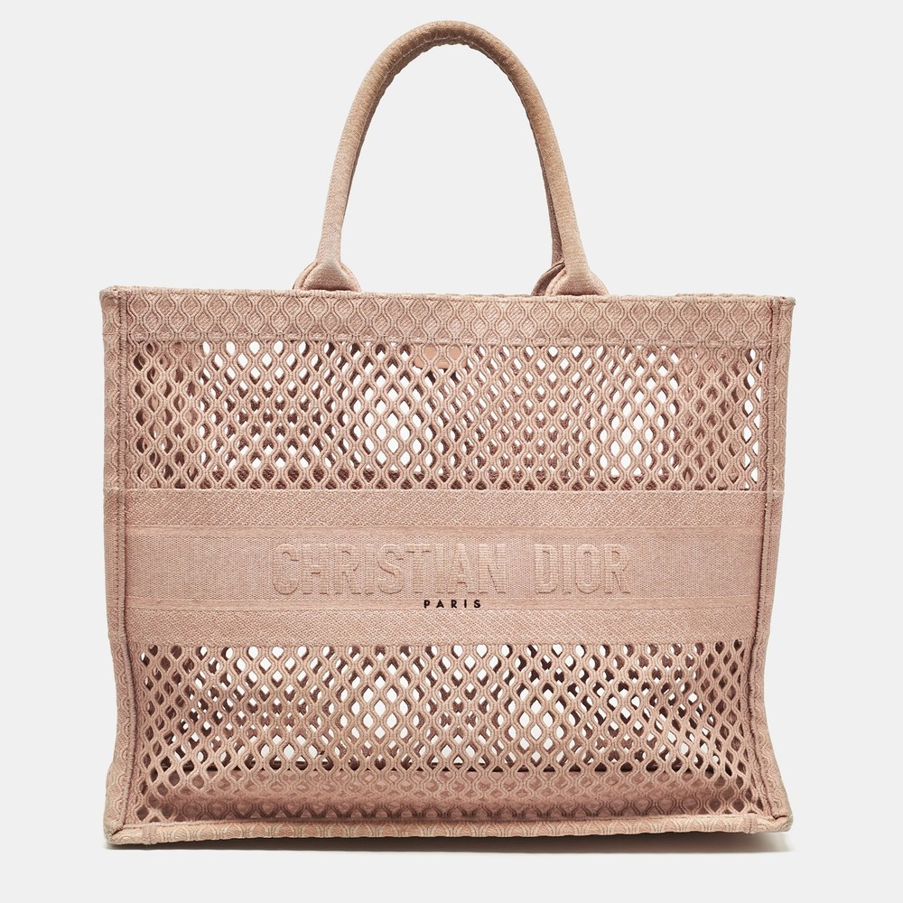 Dior Old Rose Embroidered Canvas Large Book Tote in Mesh