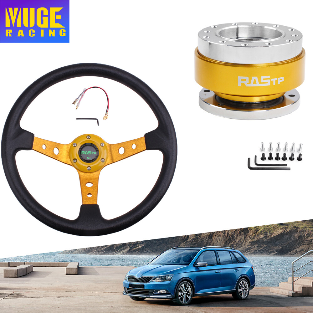 345mm Deep Dish Racing Gold Steering Wheel w/ Ball Quick Release Adapter Kit